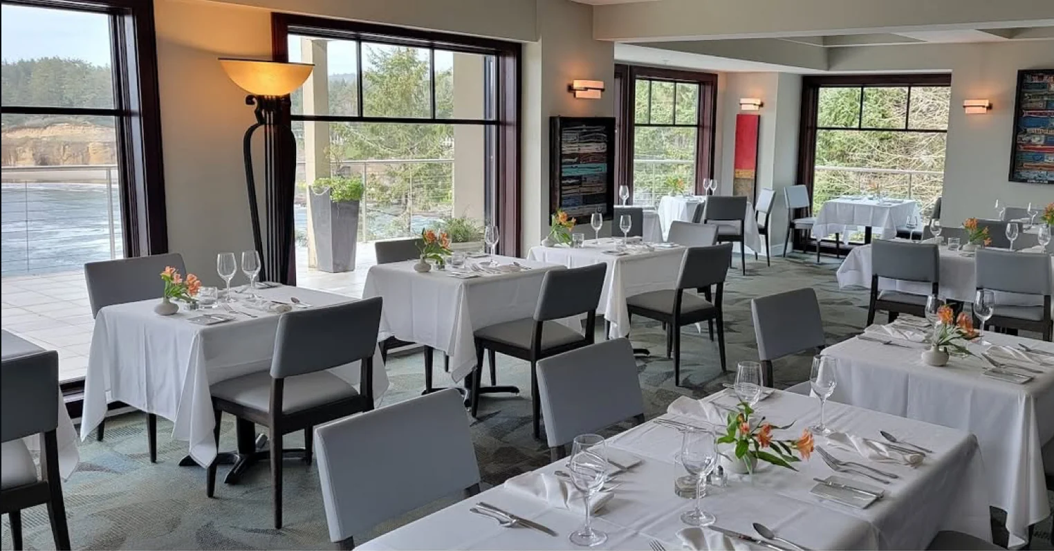 The Restaurant Beck dining room, Whale Cove through the windows