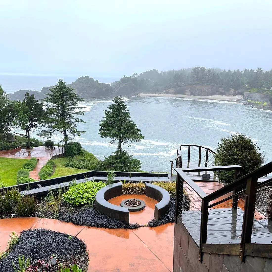 The fire pit terrace above Whale Cove at Restaurant Beck